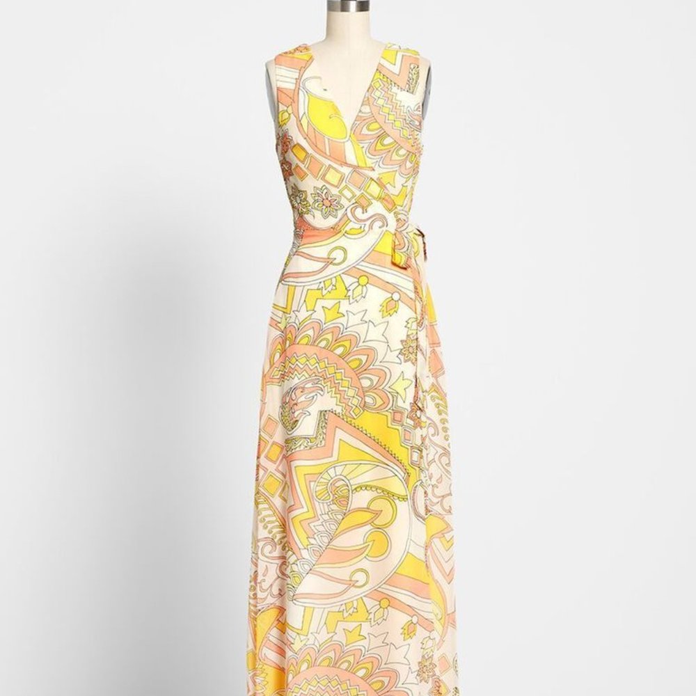 Modcloth Peach Yellow Fits of Bliss Wrap Dress